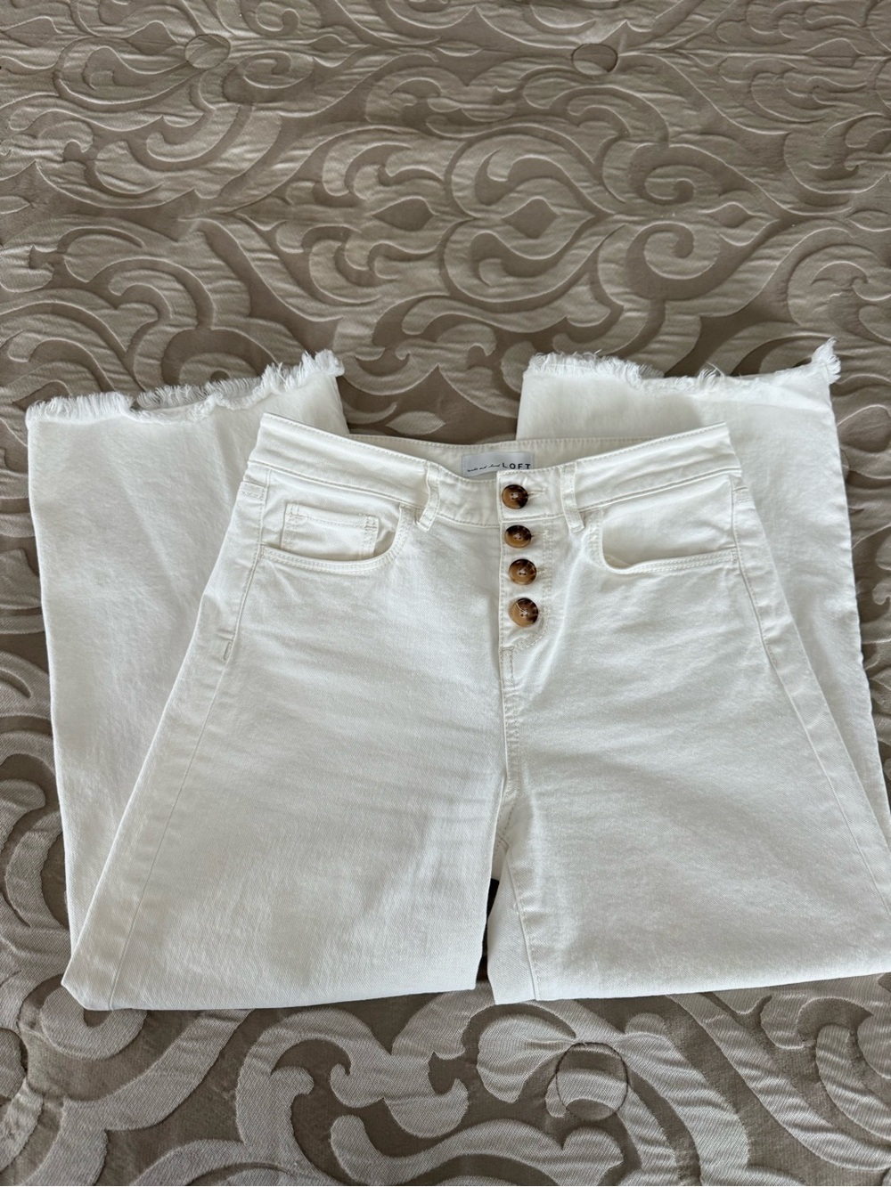 LOFT Off White High-Rise Wide-Leg Jeans with Button-Fly